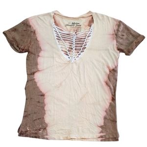 Affliction Standard Series Bleach Dye Distressed Woven V Neck Tee Women's Small